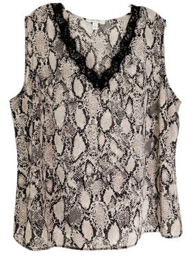 Nine West Sleeveless Pale Pink Print Chiffon Lace Trim V Neck Blouse
